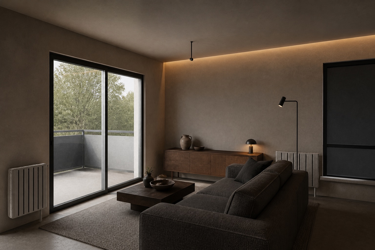 Wizualizacja salonu refined brutalism z wyrazistą kamienną bryłą